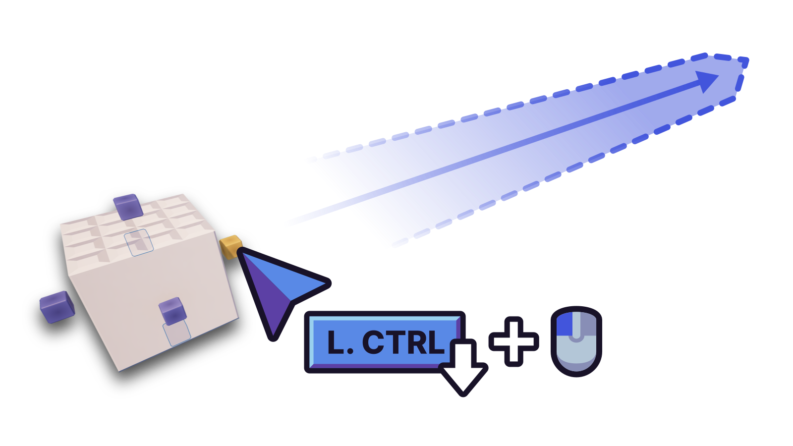 A brick selected with the Resizer, with the gizmo marked yellow being clicked. Left Control is held in this diagram.