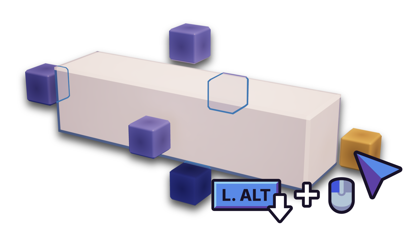 A brick selected with the Resizer, with the gizmo marked yellow being clicked. Left Alt is held in this diagram.