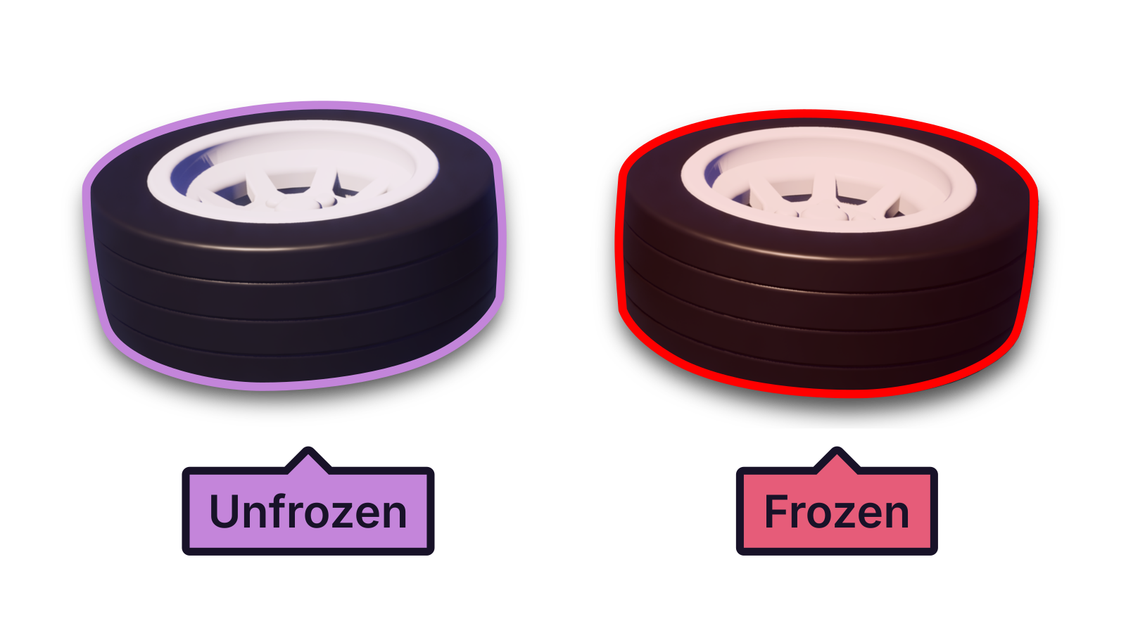 Difference between unfrozen and frozen physics objects. Unfrozen objects are outlined purple, while frozen objects are outlined red.